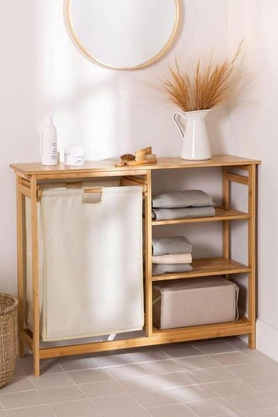 STOREMAX Bystoreby Bamboo 3 Shelves 1 Compartment Bathroom Organizer with Dirty Basket Laundry Basket Organizer Db-