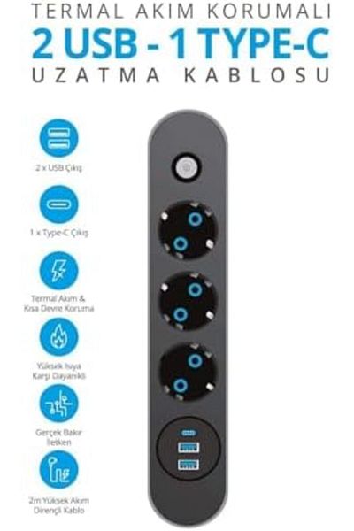STOREMAX Svticaret Current Child Proof, 3-Plug Socket, 2X USB 1X Type-C Input Extension Cable (2Mt Cable)