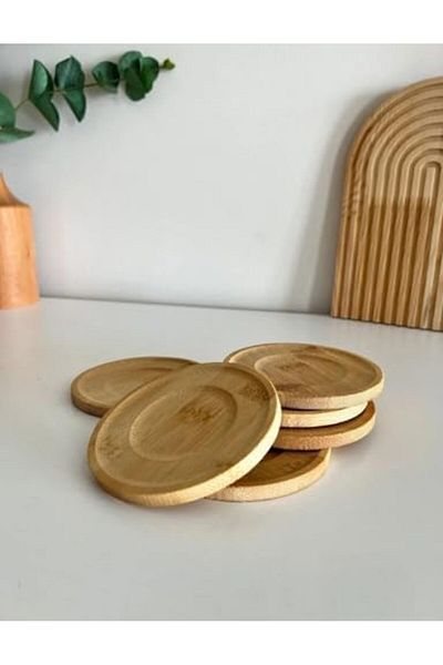 STOREMAX Bystoreby Hi̇gh-Tech Round Coaster 6 Pcs, Bamboo Tea Cup Serving Tray Newdesin