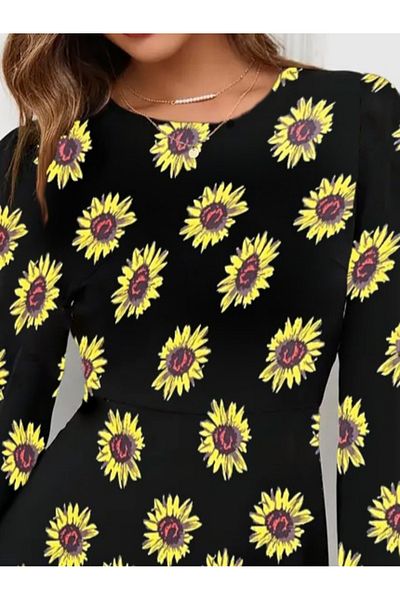 İpeksi Silky Women's Long Sleeve Crew Neck Patterned Short Crepe Dress