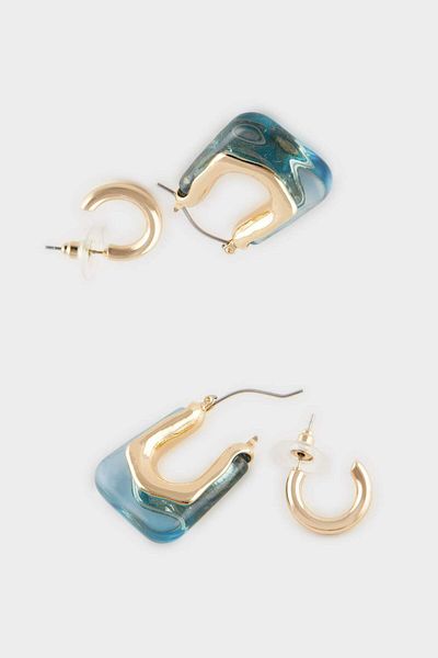 DeFacto Women's 2-Piece Blue Gold Earrings F0733Axns