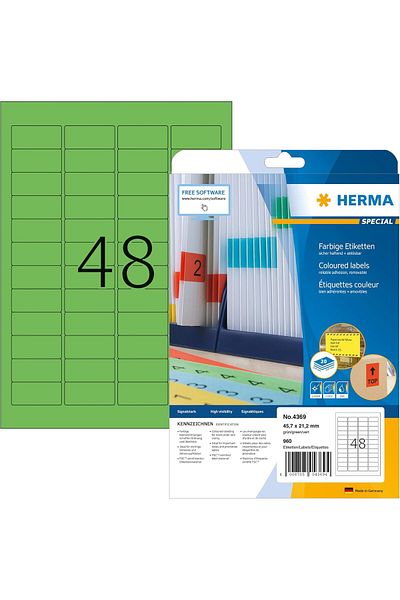 STOREMAX Muartshop 4369 Colored Label Green Removable, 20 Sheets, 45.7 X 21.2 Mm, 48 Per A4, 960