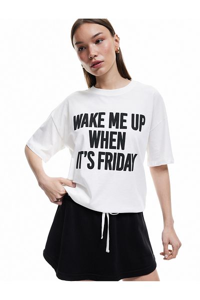 Koton Short Sleeve Crew Neck Cotton Printed Oversize T-Shirt