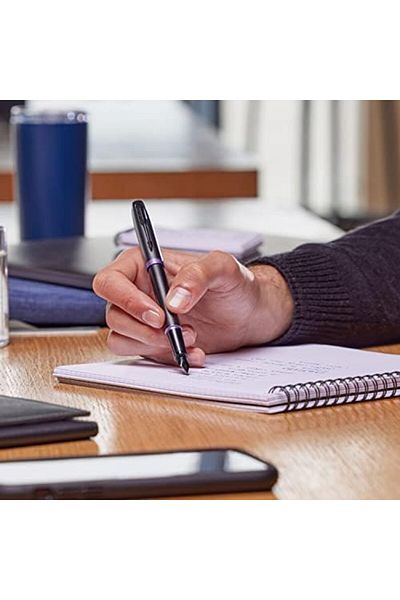 STOREMAX Ntwork Im Vibrant Rings Fountain Pen |   Satin Black Lacquer with Amethyst Color Highlight |   Blue Ink Nib