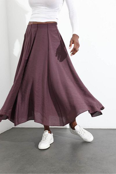 5in1Canpolat Plum Stitching Detailed Maxi Length Skirt 3280