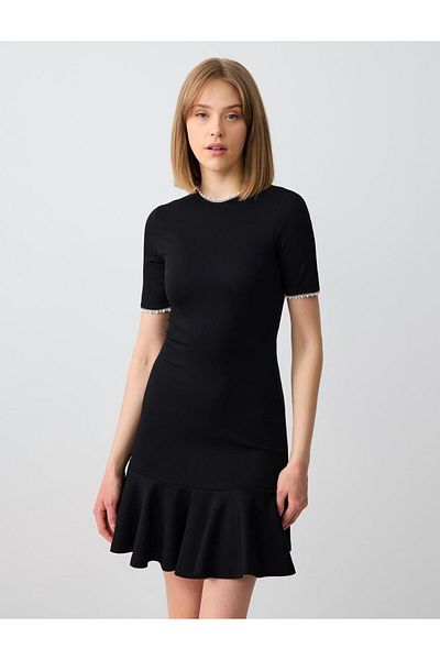 Jimmy Key Black Short Sleeve Knitted Mini Dress with Pearl Detail on the Neck