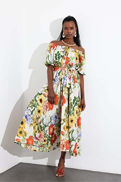 5in1Canpolat Ecru Linen Blended Spring Dress