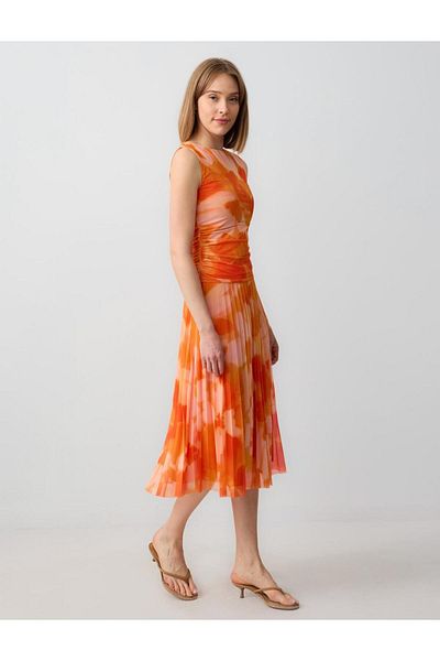 Jimmy Key Orange Normal Waist Pleated Floral Patterned Mesh Knitted Midi Skirt