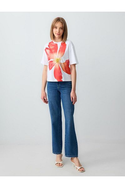 Jimmy Key White Round Neck Short Sleeve Floral Pattern Cotton Knitted T-Shirt