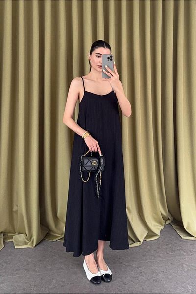 FEMMESTUDIO Women's Black Rope Strap Maxi Length Summer Dress