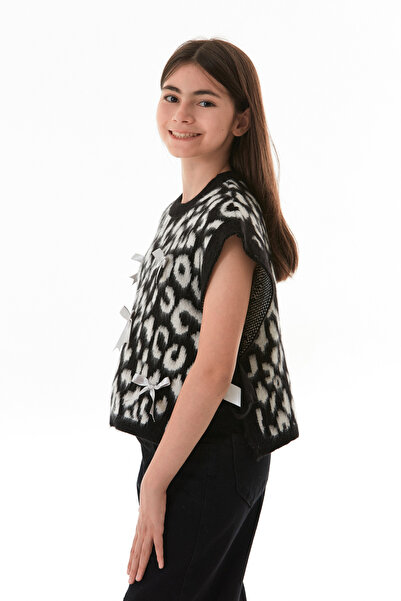 Fulla Moda Leopard Patterned Bow Girl's Knitwear Sweater