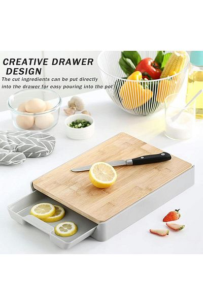 COOYA Cutting Board with Storage Tray,Wooden Multi-Function Pull-Out,Anti-Skid,Hangable,Grey