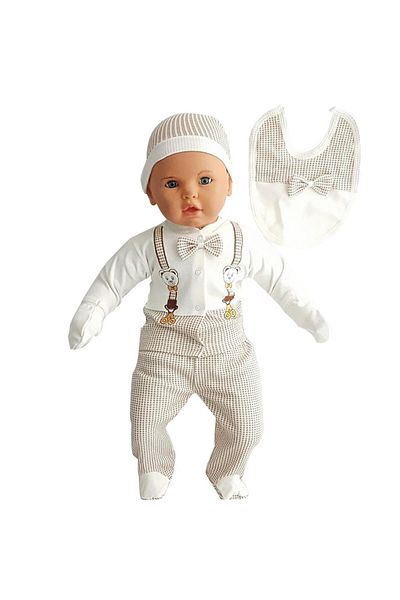 bebegen 5-Piece Coffee Hospital Discharge Set with Bow Tie for Baby Boy - with Teddy Bear Strap