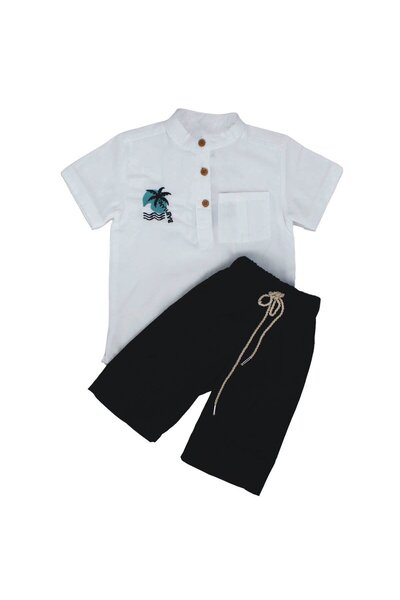 bebegen White Shirt and Palm Embroidered Navy Pants for Boys - Set of 2