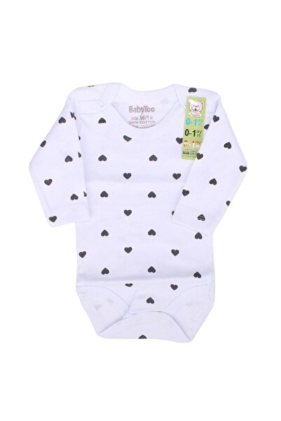 bebegen White Black Heart Printed Baby Girl Bodysuit - Long Sleeve and Snap B...