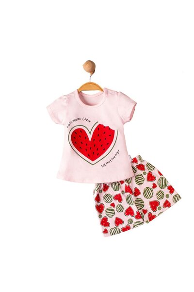 bebegen Pink Red Heart Watermelon Patterned Baby Girl Shorts Set - Set of 2