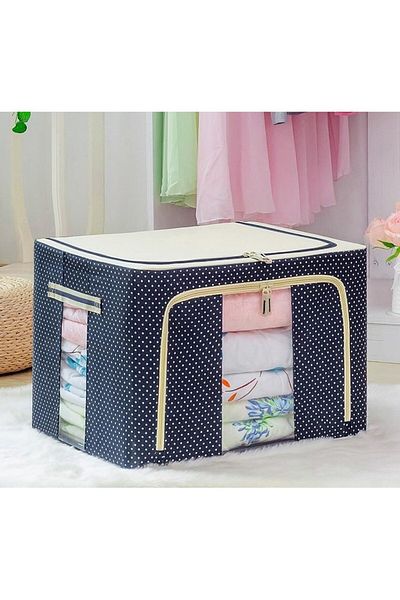 Flippy Storage Box 24 L, Oxford Canvas 40x30x20 Cm Metal Frame Plastic Base Dark Blue Polka Dots