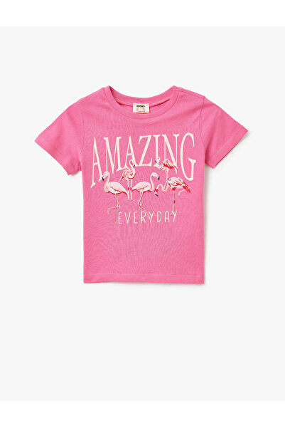 Koton تي شيرت قطني بياقة دائرية وأكمام قصيرة مطبوع عليه فلامنغو