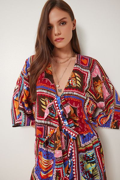Lovelyİstanbul Patterned Summer Crop Shorts Set Tile Orange Lje0001