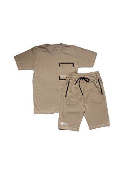 bebegen طقم شورت للأولاد مكون من قطعتين بتصميم حروف الناجي بلون الحجر مع جيوب