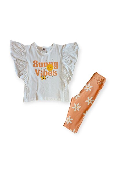 bebegen Kız Çocuk Ekru Turuncu Sunny Vibes Yazılı Çiçek Baskılı Taytlı 2'li T...