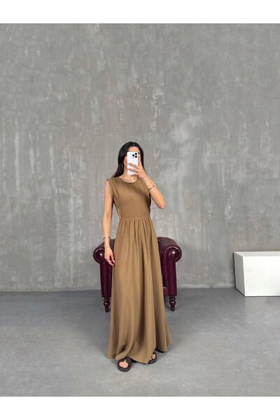 Gaus Kahve Yan Dekolteli Keten Elbise Gaus00255