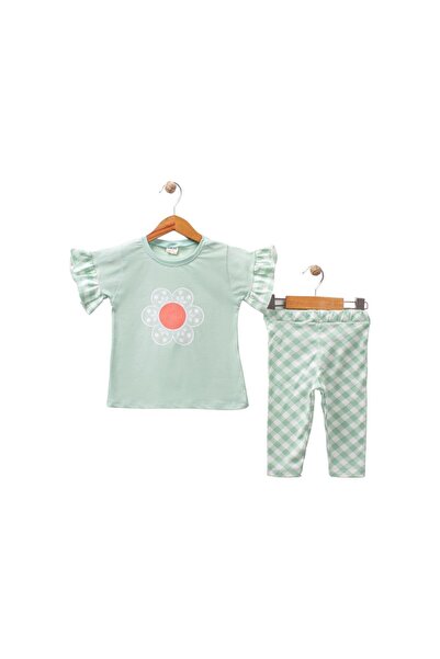 bebegen Kız Çocuk Yeşil Çiçek Baskılı Kolları Fırfırlı Ekose Desenli Taytlı 2...