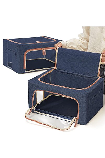 Flippy Foldable Storage Box with Zipper, 66 L, 50x40x33 cm, Navy Blue, Metal Frame, Plastic Base, Tw