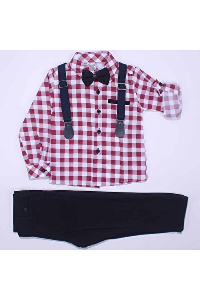 bebegen Erkek Çocuk Kırmızı Ekose Gömlekli Askılı Papyonlu Papyonlu 2'li Takım