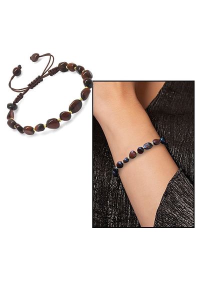 Tesbihane Macrame Braided Natural Cut Dark Color Tiger Eye Natural Stone Women's Bracelet