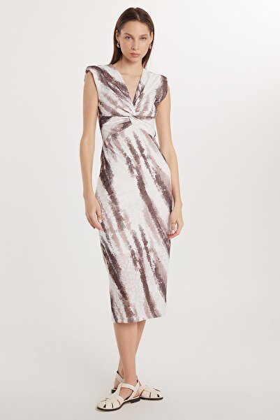 Tudors Kadın Slim Fit Dar Kesim Kolsuz V Yaka Midi Boy Elbise