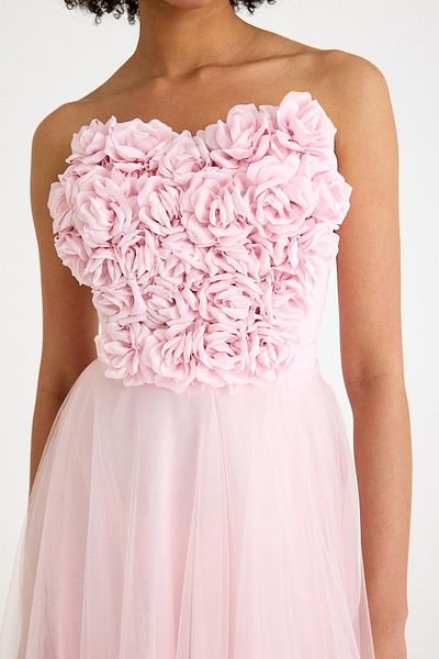 SpringStore Rochie de seară din tul, fără bretele, cu detaliu de trandafir