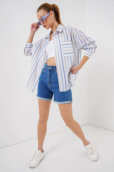 Bigdart Women's Striped Oversize Shirt 20278 - Blue