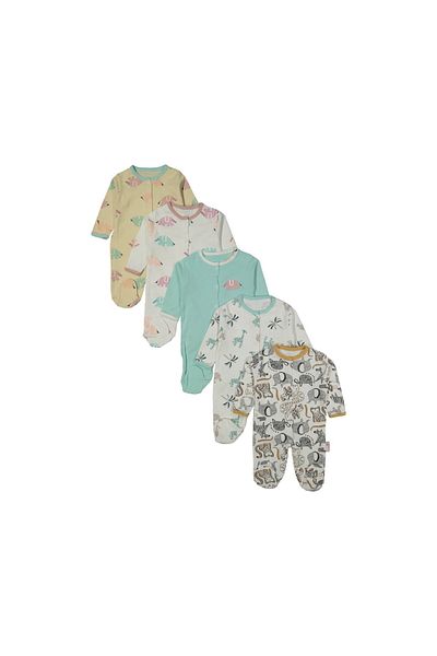 ENİA BABY Baby Girl Printed Cotton Snap-On Booties 5-Piece Newborn Set Jumpsuit (Girl Boy Newborn)