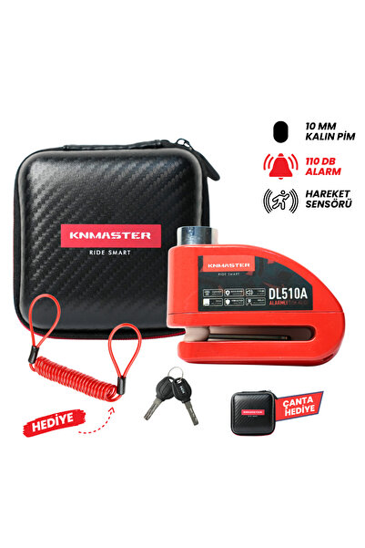 Knmaster DL510A 10 mm Alarmlı Disk Kilidi | Hatırlatma Kablosu ve Taşıma Çantası Hediye | Kırmızı
