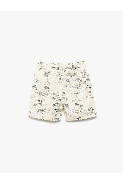 Koton Lace-Up Waist Viscose and Linen Blended Palm Pattern Shorts