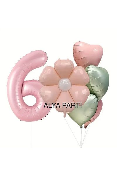 ALYA Σετ γενεθλίων με αλουμινόχαρτο με αριθμό PARTY με μπαλόνια ροζ μαργαρίτα και μπαλόνι καρδιάς