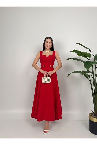GİZONLY Elegant White Midi Dress – Square Neckline and Pearl Detail