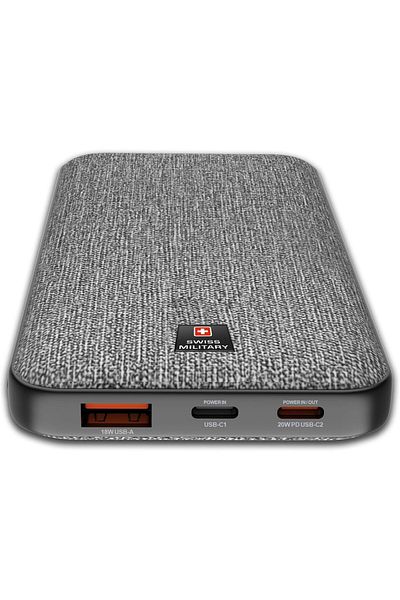 Swiss Military 10000mAh Slim Power Bank (Cable Included) -20W PD Fast Charge, USB-C/USB-A,LED,Overcharge Safe–Grey