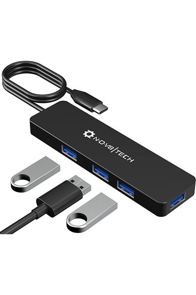 nov8tech Hub USB 3.0 cu 4 porturi, plastic/metal, negru/albastru, 60 cm