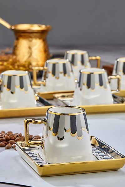 Cooker طقم من 6 أكواب شاي بورسلين سعة 220 مل مع تصميم أنيق - مطلي بالذهب - خيار هدية