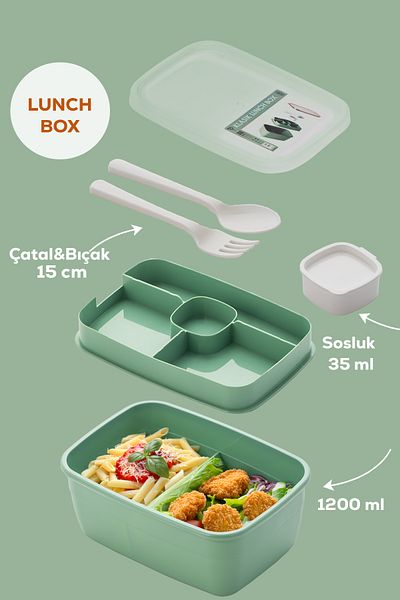 Porsima 3198 Vacuum Self-Feeding Lunch Box with Spoon, Fork and Sauce Bowl - 2-Tier Lunch Box - Lunch Box