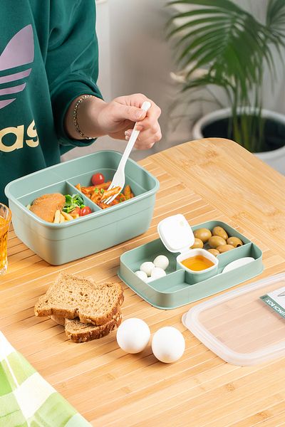 Porsima 3198 Vacuum Self-Feeding Lunch Box with Spoon, Fork and Sauce Bowl - 2-Tier Lunch Box - Lunch Box
