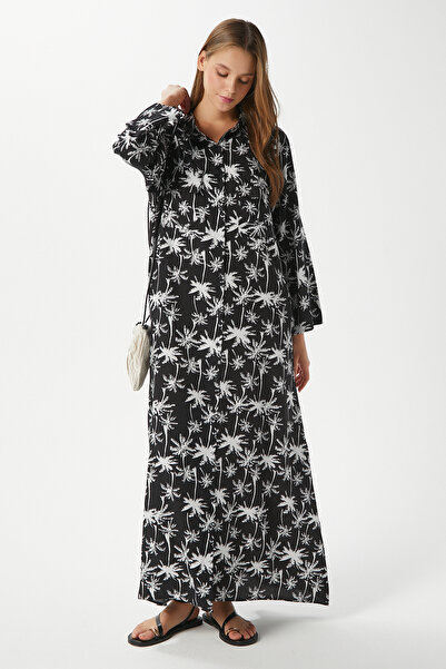 Ritnice Modest γυναικείο φόρεμα παραλίας 100% βισκόζη μαύρο εκρού με κουμπιά μπροστά