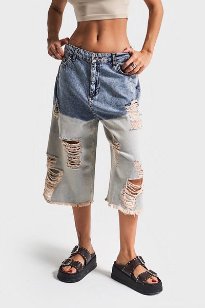 its basic Women's Denim Color Double Color Ripped Detailed Maxi Length 100% Cotton Design Denim Bermuda Shorts