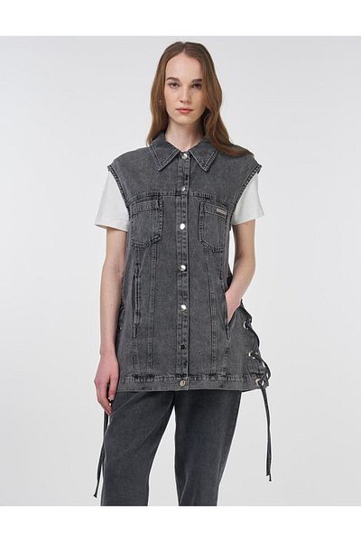 KYR Bird Eye Detailed Side Laced Denim Vest Anthracite