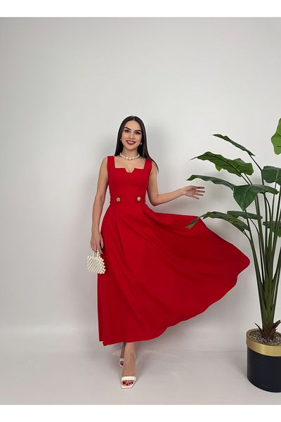 GİZONLY Elegant White Midi Dress – Square Neckline and Pearl Detail