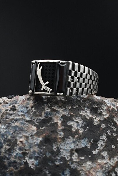 Prestige Hz. Ali Zülfikar Kılıcı Siyah Baget Taşlı 925 Ayar Gümüş Erkek Yüzüğ...