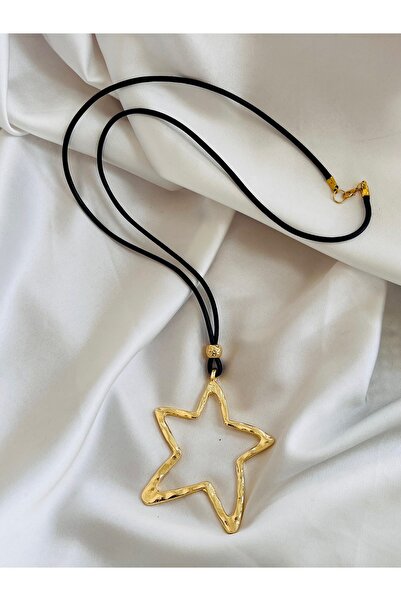 COCOSH TAKI Siyah deri büyük altın kaplama yıldız charmlı uzun özel tasarım k...