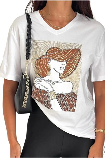 Cassime Kadın Beyaz Büyük Beden Şapkalı Kadın Pul Payet İşlemeli %100 Pamuk Tişört XL-2XL-3XL